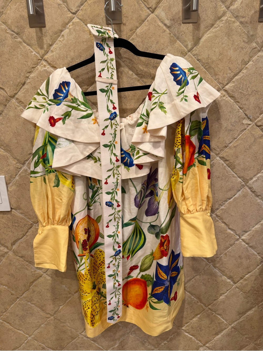 Off-Shoulder Floral Fruit Print Mini Dress in Yellow and Cream - Picture 5 of 7